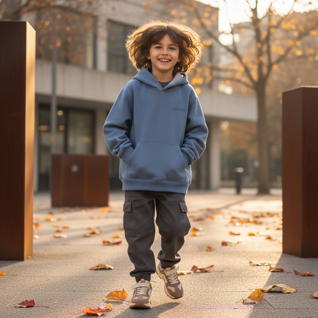 A child in an oversized muted blue AERUNE hoodie, playing in a modern urban setting with soft autumn lighting.