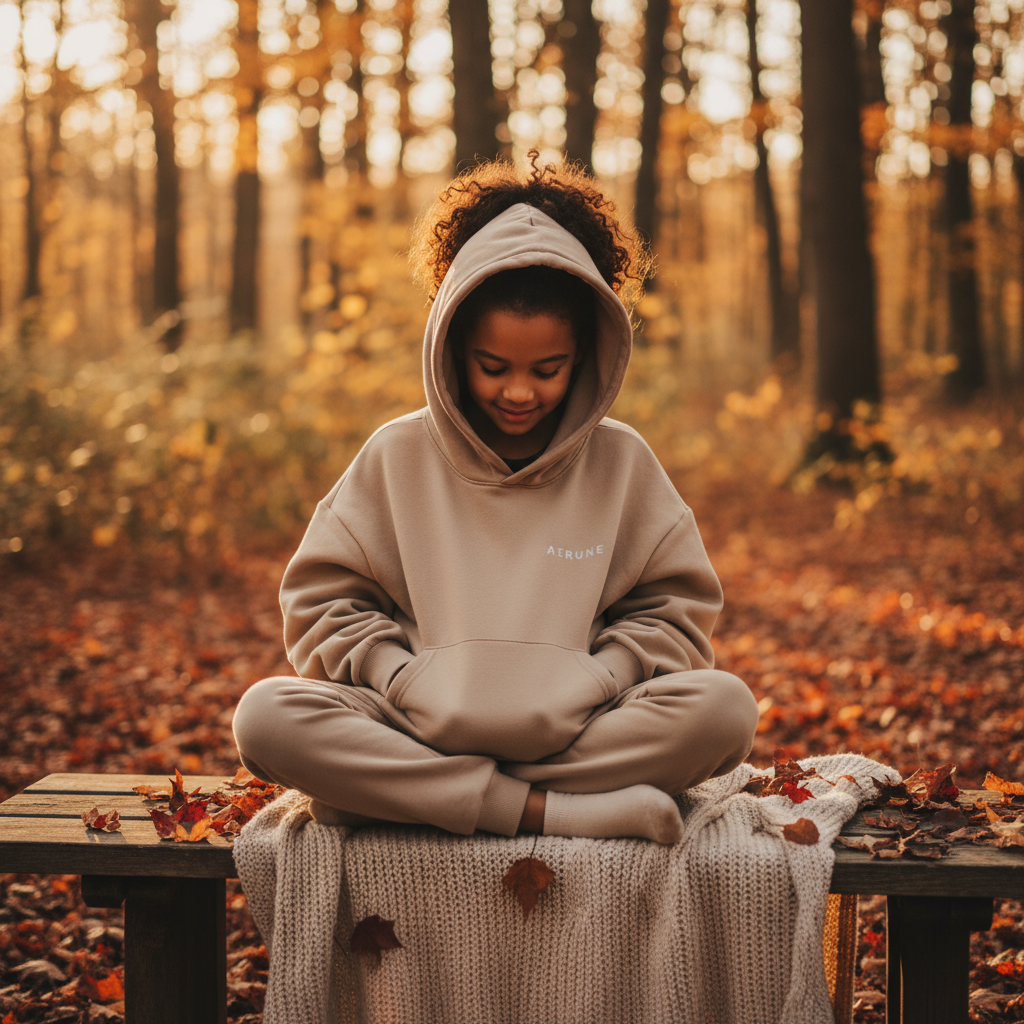 A child in a soft beige oversized AERUNE Hoodie, playing outdoors in an autumn setting, captured in a candid, editorial style