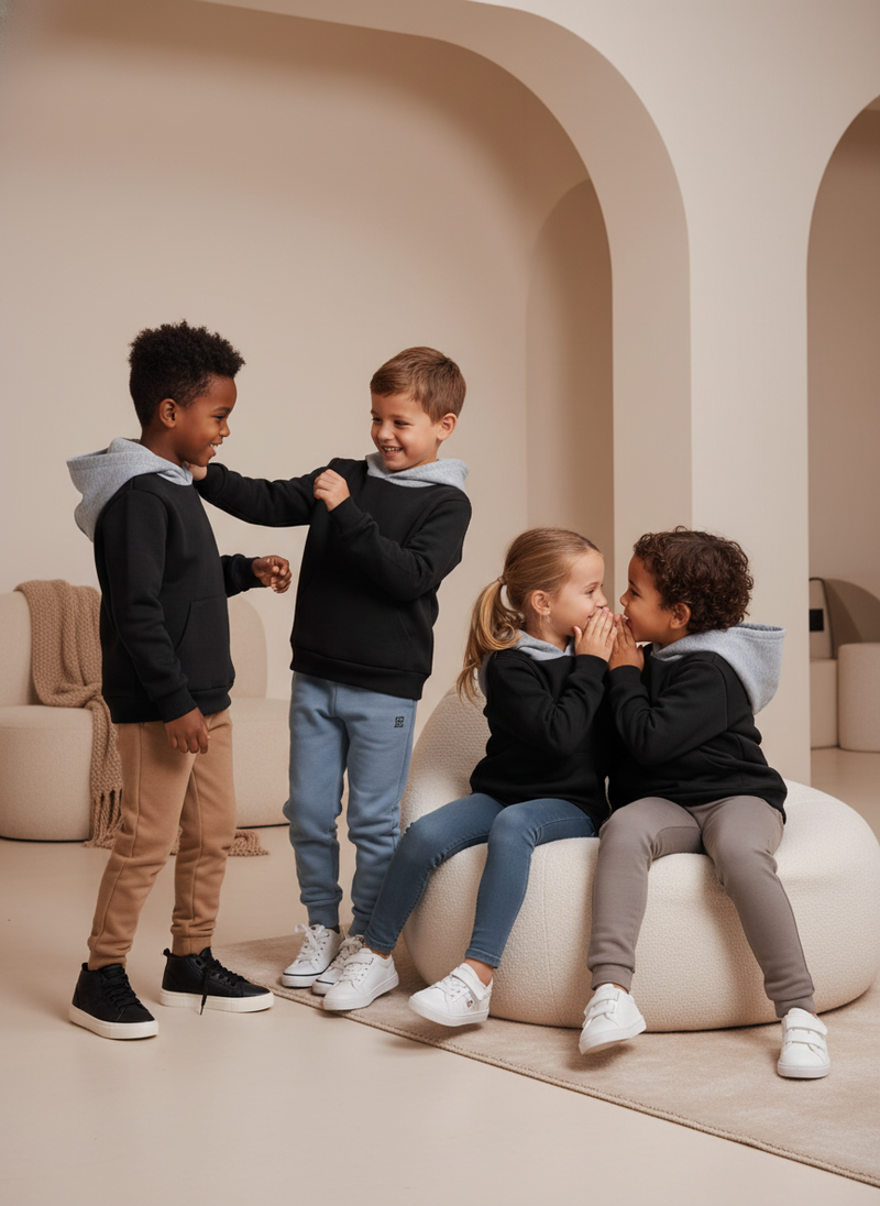 Diverse group of children, boys and girls, wearing AERUNE Hoodies in various colors, playing together in a modern, minimalist