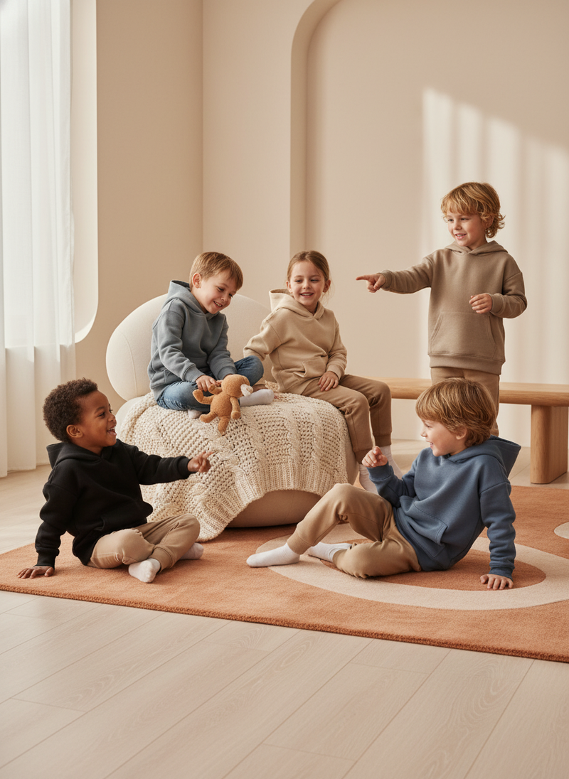 Diverse children, ages 6-10, wearing AERUNE Hoodies in various colors, playing in a warm, minimalist setting.