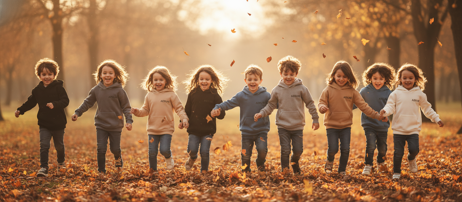 Children wearing AERUNE hoodies playing outdoors in a warm autumn setting.