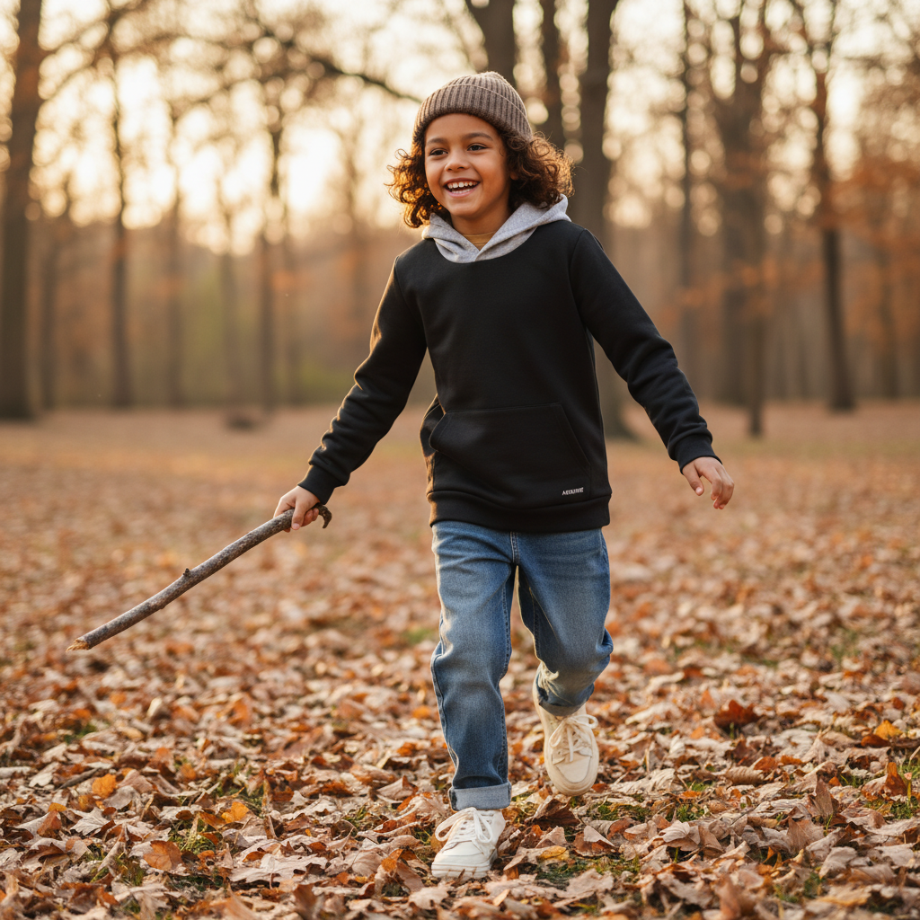 A child wearing a cozy AERUNE Hoodie in a natural, relaxed setting, captured in a candid, editorial style photograph.
