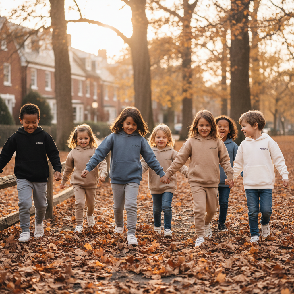 Children wearing AERUNE hoodies in various colors, playing outdoors in an autumn setting, captured in a candid, modern lifest
