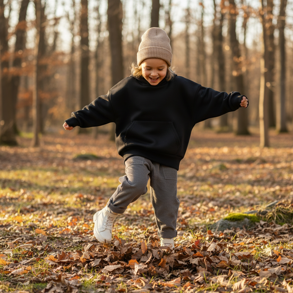 Child wearing an oversized AERUNE Hoodie in a candid, editorial lifestyle photo with soft autumn lighting.