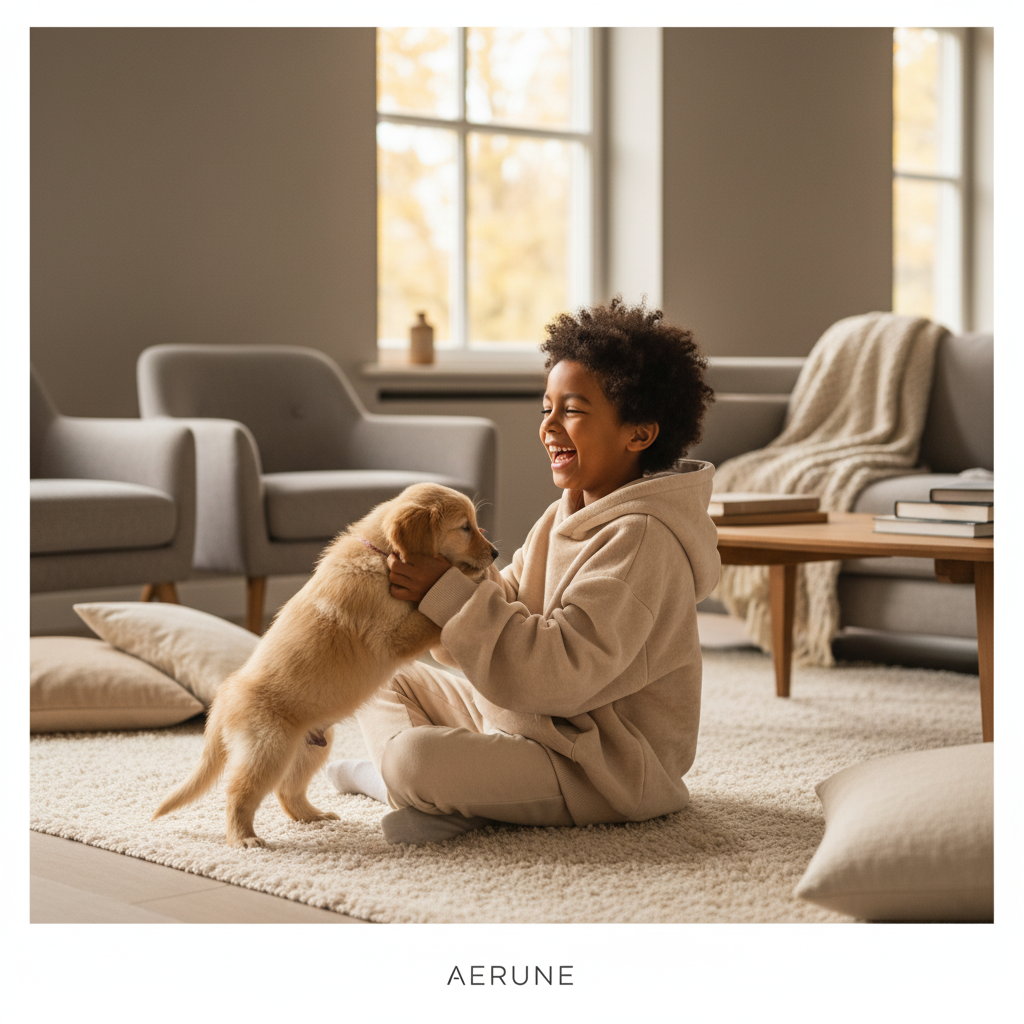 A child in an oversized beige AERUNE Hoodie laughing while playing with a puppy in a modern, cozy living room.
