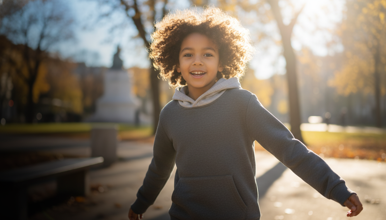 Child model wearing a warm grey AERUNE hoodie, playing in a sun-drenched urban park with soft autumn colors in the background
