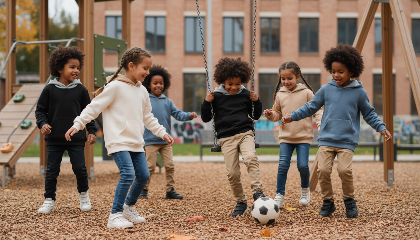 Diverse children, boys and girls, wearing AERUNE Hoodies in various colors, playing in an urban park with an autumn-winter at