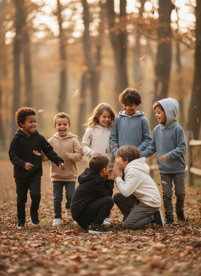 Diverse children, aged 6-10, in a soft autumn setting, playfully interacting while wearing AERUNE Hoodies in charcoal, warm g