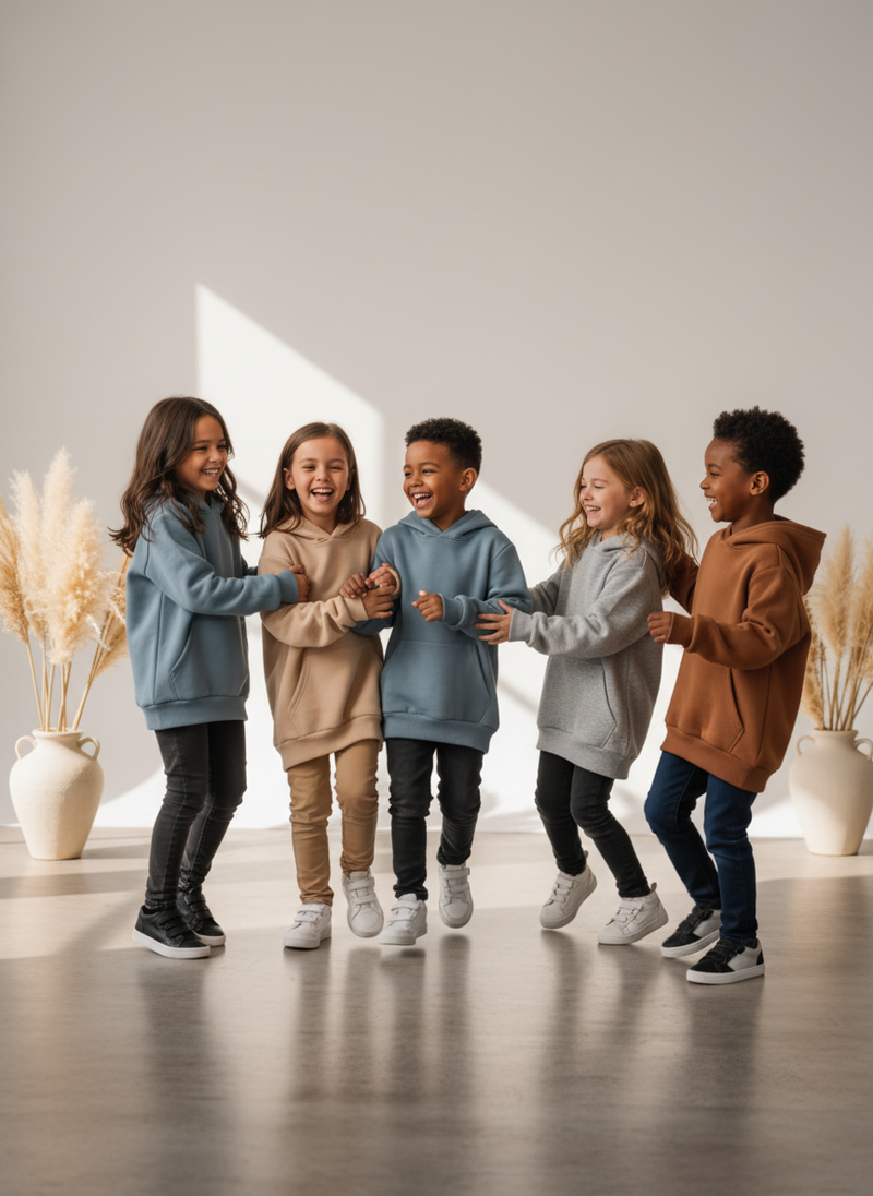 Diverse children, 6-10 years old, wearing AERUNE Hoodies in soft beige, muted blue, and warm grey, laughing in a minimalist s